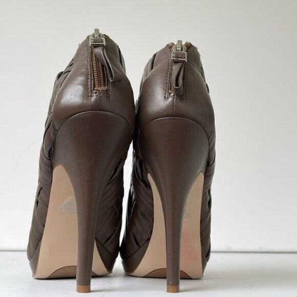 Boutique 9 Ashoe Woven Leather Cage Booties Women’s 8.5M Taupe Peep Toe High Hee - Picture 7 of 9